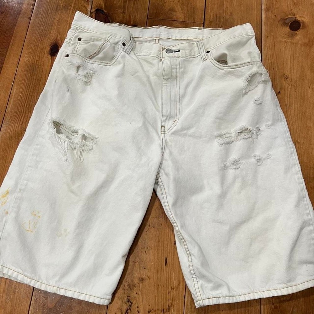 Levis 569 Loose Straight White Distressed Denim Shorts Mens Size 38